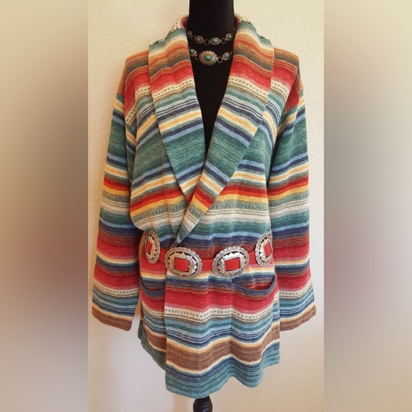 Ralph Lauren Sweater Coat Hand Knit Serape Southwest Western Tribal Shawl Collar - Picture 1 of 5